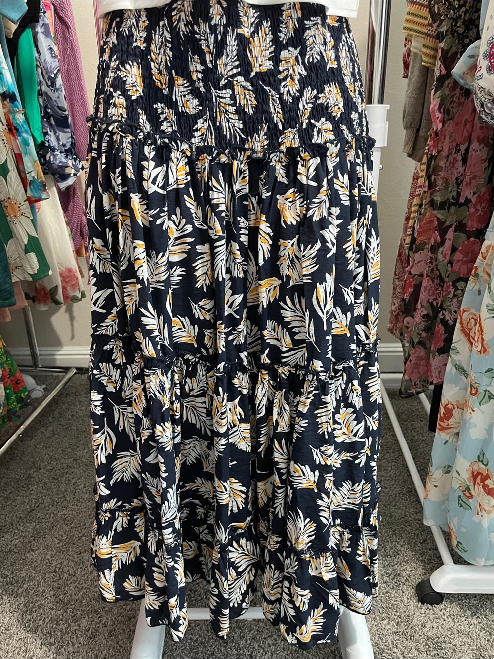 eesome Navy Floral Tiered Maxi Skirt with Smocked Waist